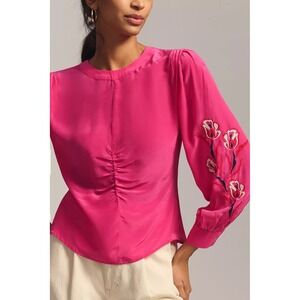 NWT Scotch & Soda Wild Flower Ruched Embroidered Sleeve Blouse Pink
